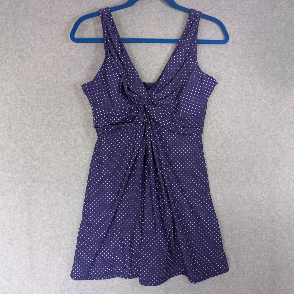 Miraclesuit Purple Polka Dot Twist Front Tummy Control Swim Dress Small *FLAWS
